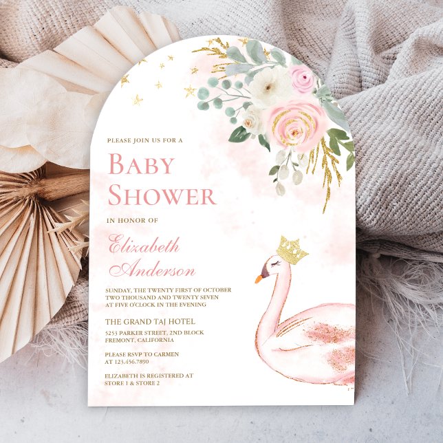 Blush Pink Floral Swan Princess Arch Baby Shower Invitation (Creator Uploaded)
