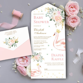 Blush Pink Floral Swan Princess Baby Shower All In One Invitation by ShabzDesigns at Zazzle