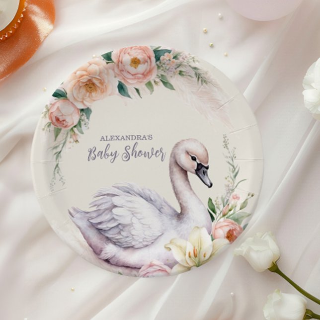 Blush Pink Floral Swan Princess Baby Shower Paper Plates (Creator Uploaded)