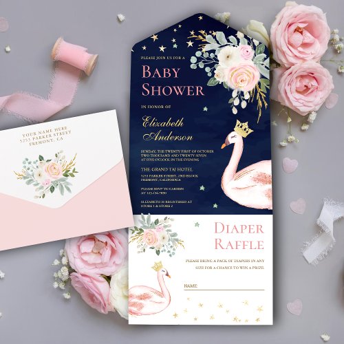 Blush Pink Floral Swan Princess Navy Baby Shower All In One Invitation