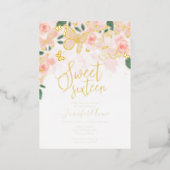 Blush Pink Floral Sweet 16 Butterfly Gold Foil Invitation (Standing Front)