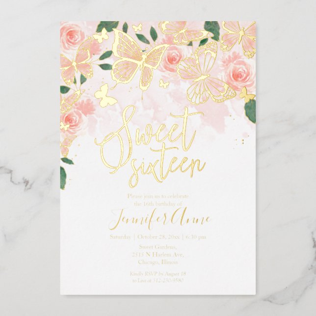 Blush Pink Floral Sweet 16 Butterfly Gold Foil Invitation (Front)