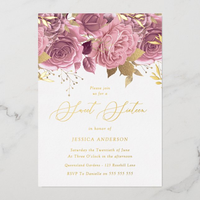 Blush Pink Floral Sweet 16 Party Gold Foil Invitation (Front)