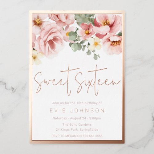 Blush Pink Floral Sweet 16 Party Rose Gold Foil Invitation