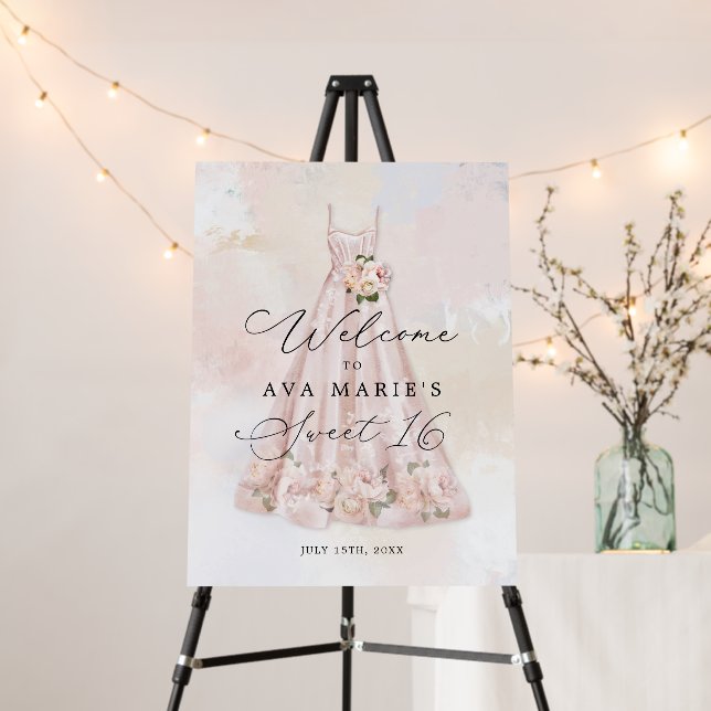 Blush Pink Floral Sweet 16 Party Welcome Sign (In Situ (Stand))