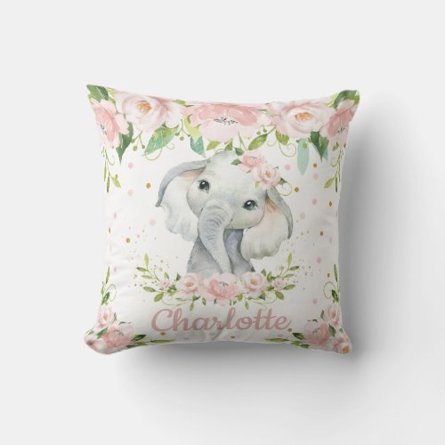 Blush Pink Floral Sweet Elephant Girl Nursery Throw Pillow