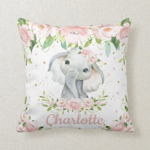 Blush Pink Floral Sweet Elephant Girl Nursery Throw Pillow