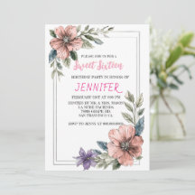 Blush Pink Floral Sweet Sixteen Birthday Invitatio