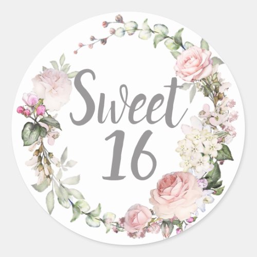 Blush Pink Floral Sweet Sixteen Classic Round Sticker