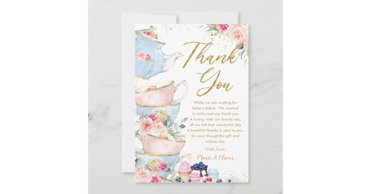 Blush Pink Floral Tea Party Baby Bridal Shower Thank You Card | Zazzle