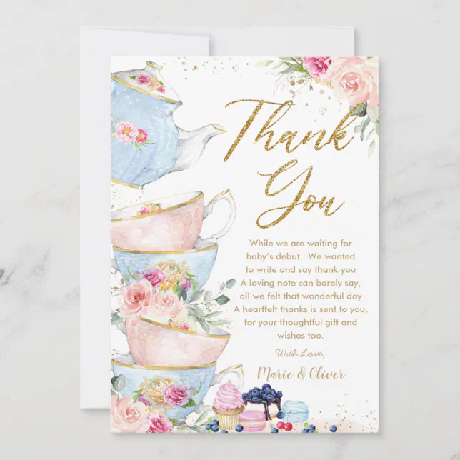 Blush Pink Floral Tea Party Baby Bridal Shower Thank You Card | Zazzle