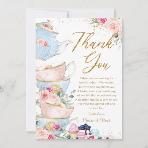 Blush Pink Floral Tea Party Baby Bridal Shower Thank You Card