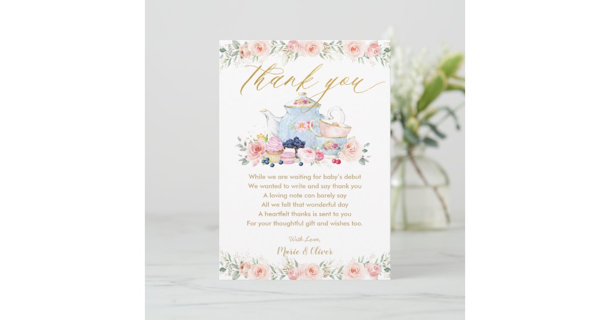 Blush Pink Floral Tea Party Baby Shower Birthday Thank You Card | Zazzle
