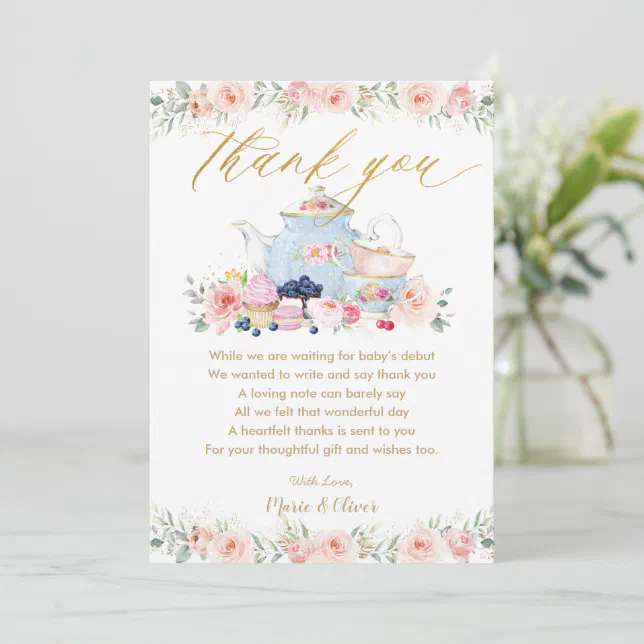 Blush Pink Floral Tea Party Baby Shower Birthday Thank You Card | Zazzle