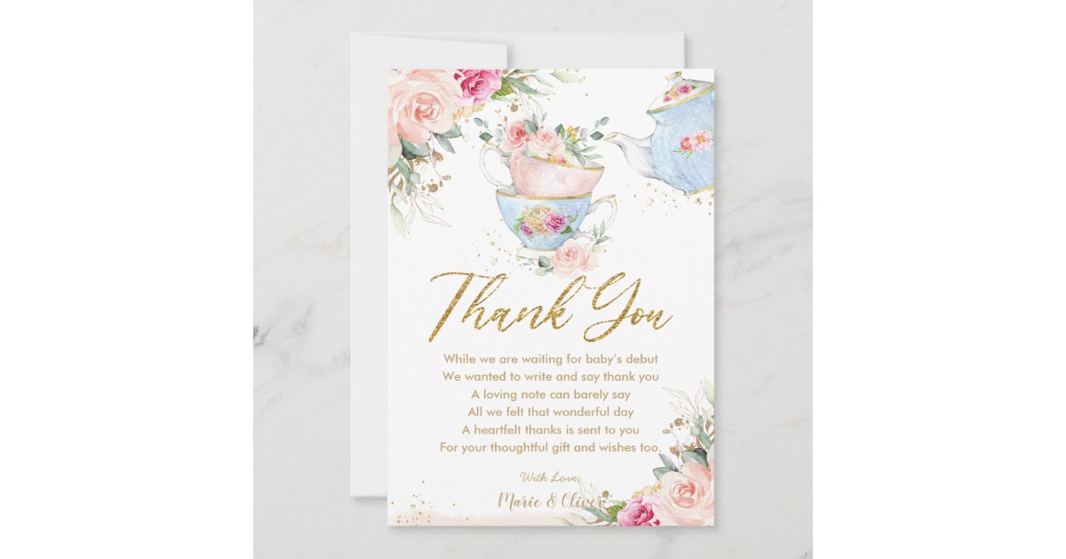 Blush Pink Floral Tea Party Baby Shower Birthday Thank You Card | Zazzle