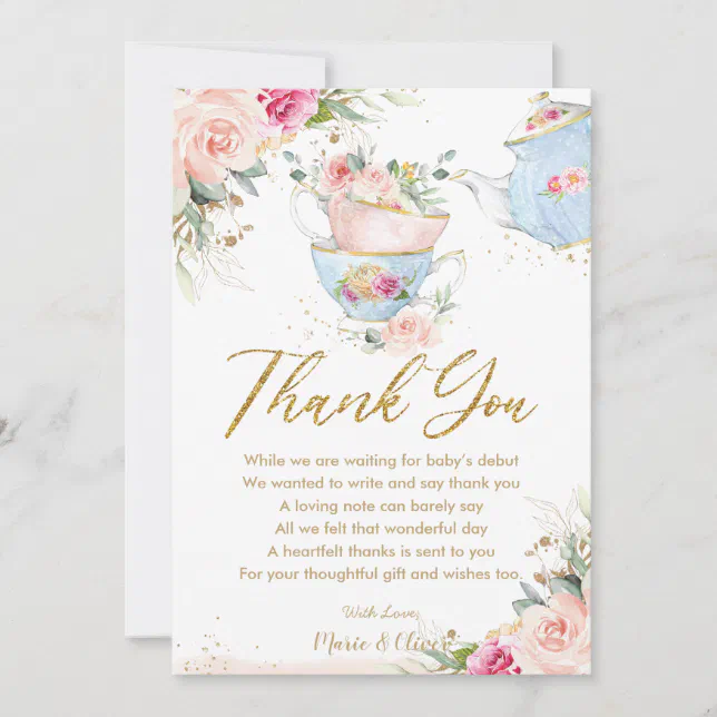 Blush Pink Floral Tea Party Baby Shower Birthday Thank You Card | Zazzle