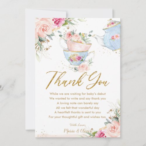 Blush Pink Floral Tea Party Baby Shower Birthday   Thank You Card