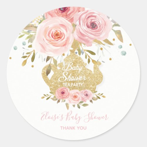 Blush Pink Floral Tea Party Baby Shower Favor Classic Round Sticker