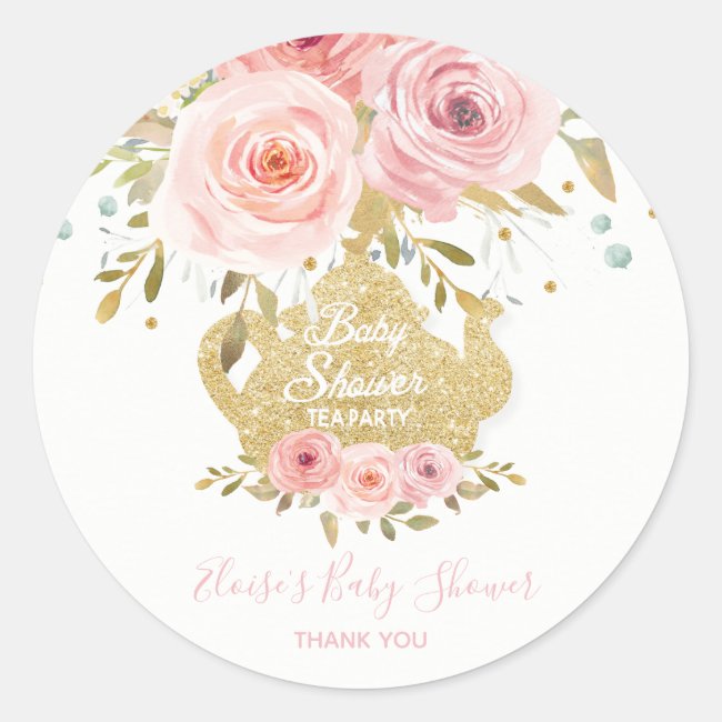 Blush Pink Floral Tea Party Baby Shower Favor Classic Round Sticker
