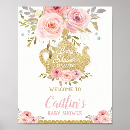 Blush Pink Floral Tea Party Baby Shower Welcome Poster