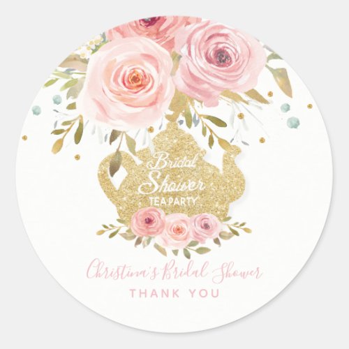 Blush Pink Floral Tea Party Bridal Shower Favor Classic Round Sticker