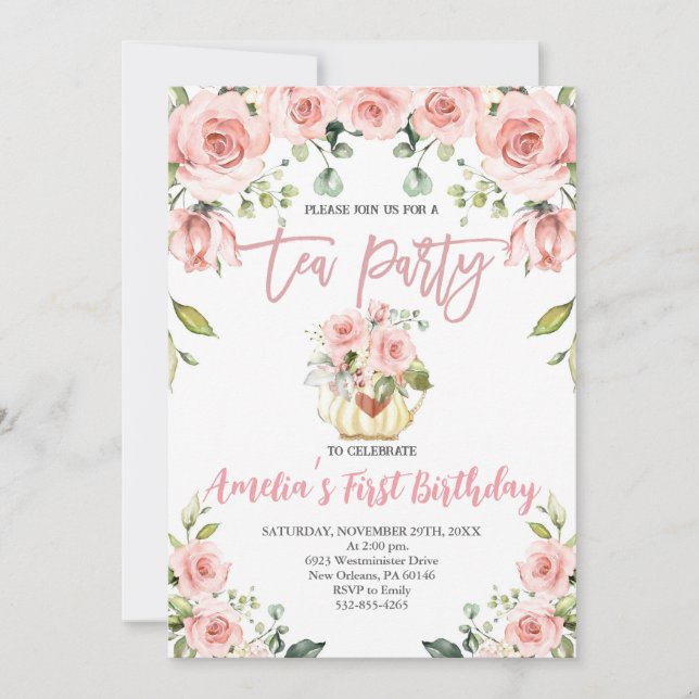 Blush Pink Floral Tea Party First Birthday Invitation (Front)