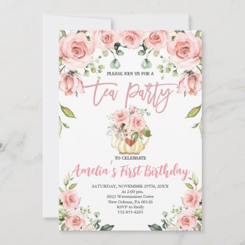 Blush Pink Floral Tea Party First Birthday Invitation