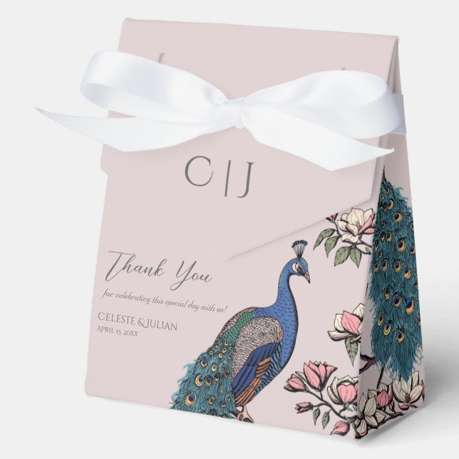 Blush Pink Floral Teal Peacocks & Magnolia Flowers Favor Boxes (Front)