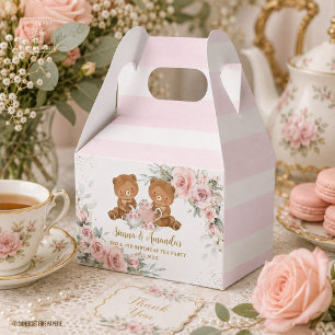 Blush Pink Floral Teddy Bears Tea Party Birthday Favor Boxes