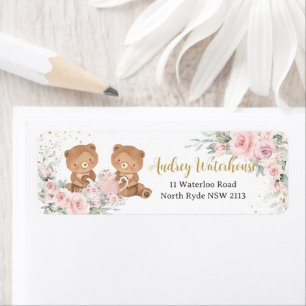 Blush Pink Floral Teddy Bears Tea Party Birthday Label