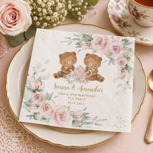 Blush Pink Floral Teddy Bears Tea Party Birthday Napkins