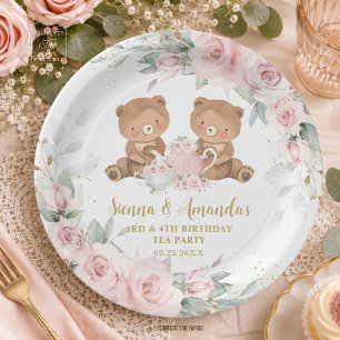 Blush Pink Floral Teddy Bears Tea Party Birthday Paper Plates