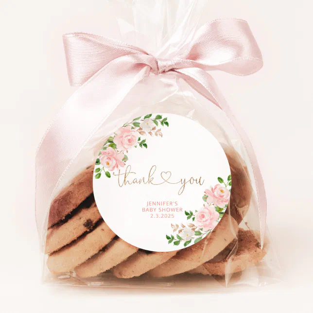 Blush pink floral thank you classic round sticker | Zazzle