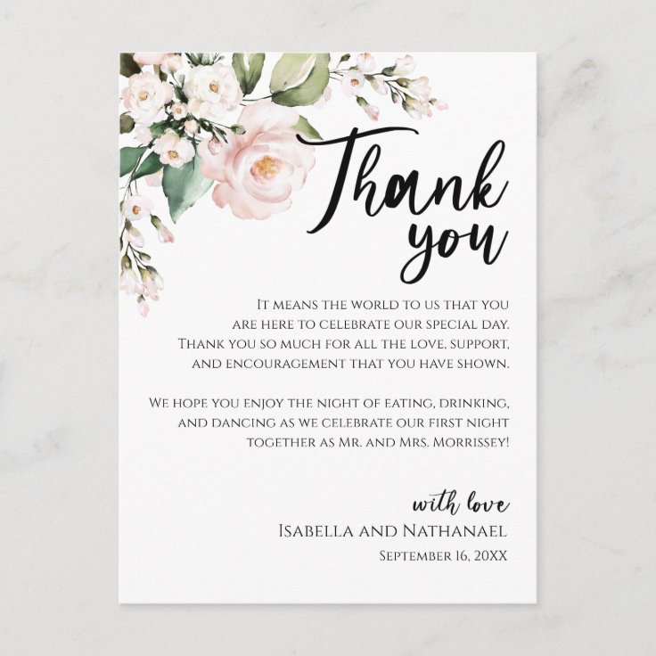 Blush Pink Floral Thank You Reception Card Zazzle