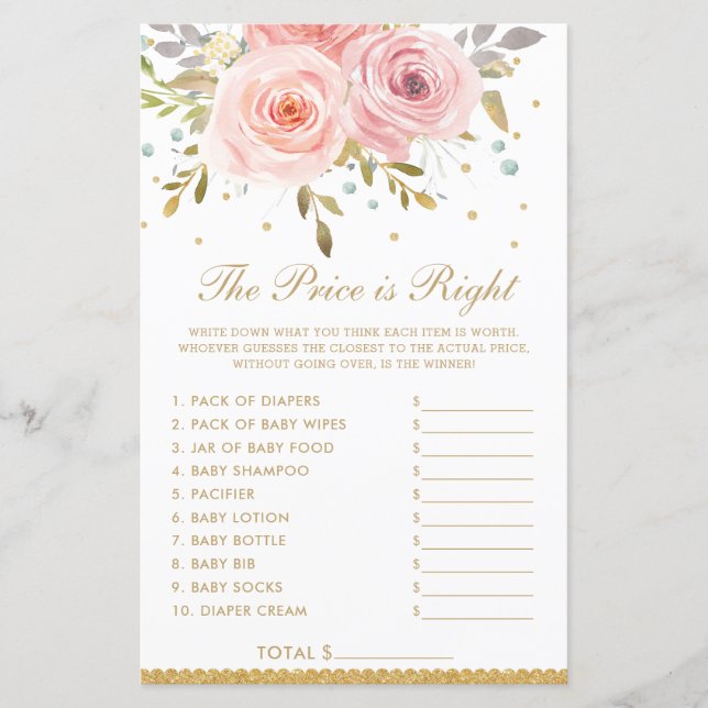 Blush Pink Floral The Price is Right Shower Game (Front)