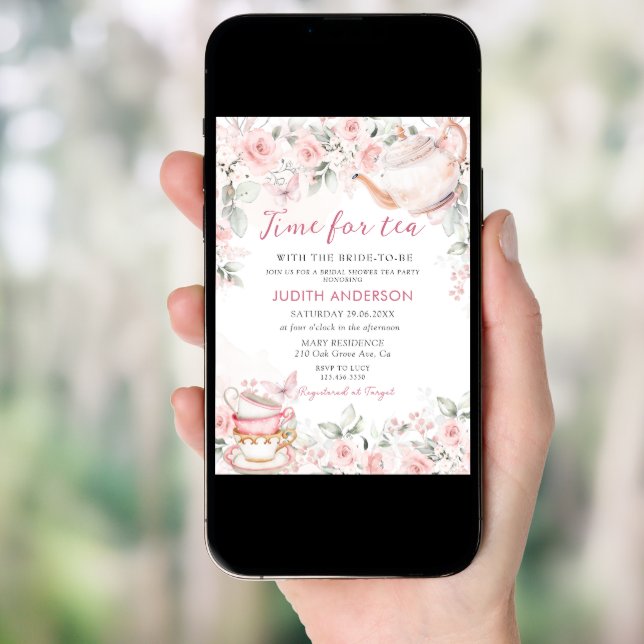 Blush Pink Floral Time For Tea Bridal Shower Invitation (Front Digital)
