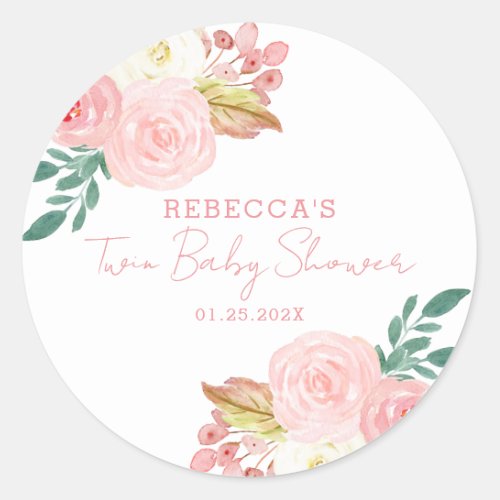 Blush Pink Floral Twin Girls Baby Shower Favor Classic Round Sticker