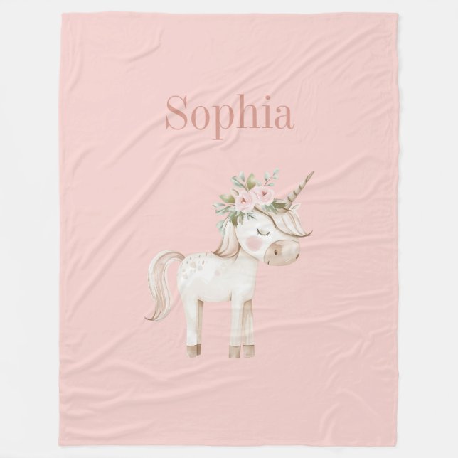 Blush Pink Floral Unicorn Fleece Blanket (Front)