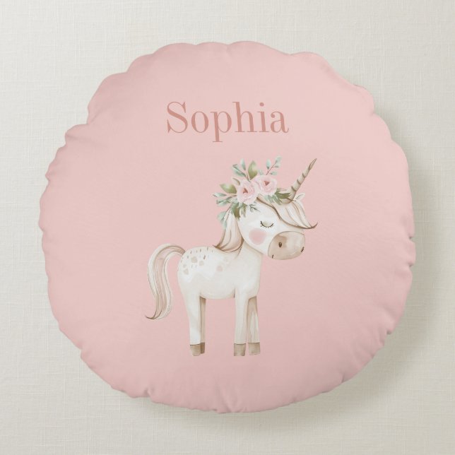 Blush Pink Floral Unicorn Round Pillow (Front)