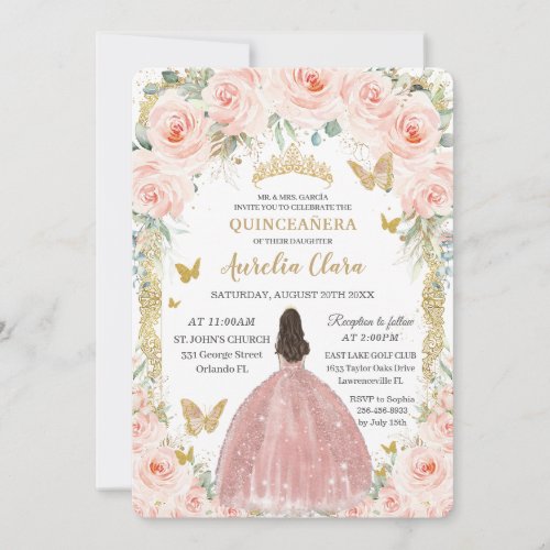 Blush Pink Floral Vintage Gold Quinceaera  Invitation