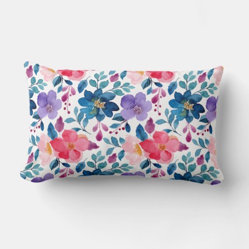 Blush Pink Floral Vintage Navy Blue Watercolor Lumbar Pillow