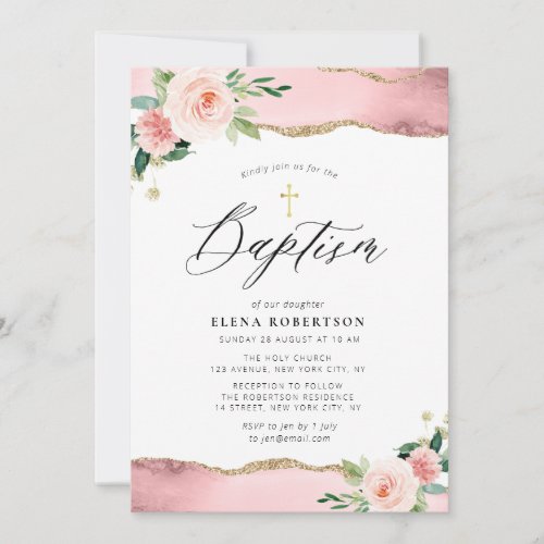blush pink floral watercolor agate baptism invitation