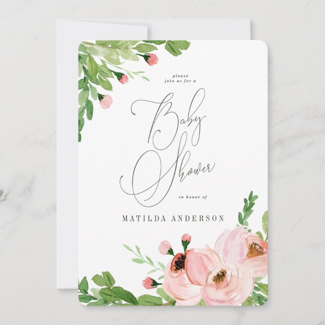 Blush pink floral watercolor baby shower invite (Front)