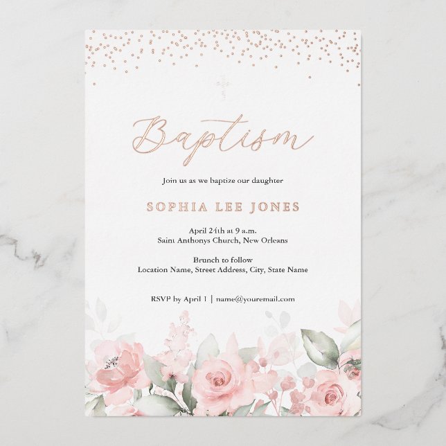 Blush Pink Floral Watercolor Baptism Foil Invitation (Front)