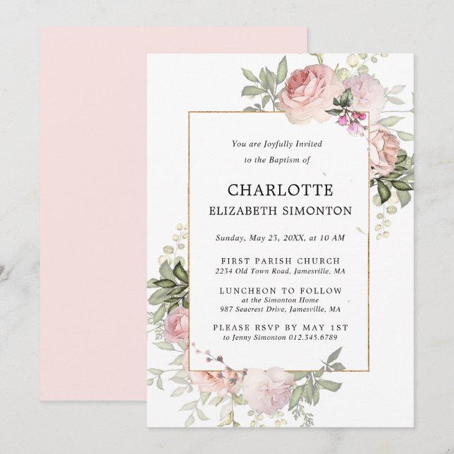 Blush Pink Floral Watercolor Baptism Invitation (Front/Back)