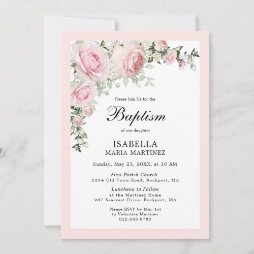 Blush Pink Floral Watercolor Baptism Invitation