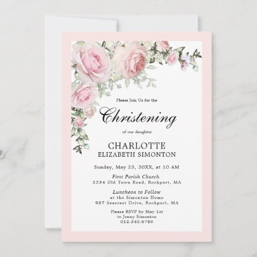 Blush Pink Floral Watercolor Christening Invitation