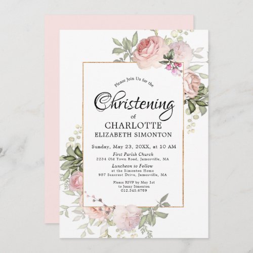 Blush Pink Floral Watercolor Christening Invitation