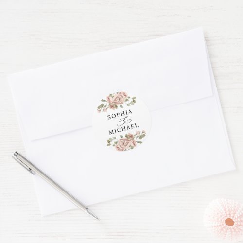 Blush Pink Floral Watercolor Couple Names Wedding Classic Round Sticker