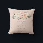 Blush Pink Floral Watercolor Elegant Wedding Throw Pillow<br><div class="desc">Elegant soft blush with pink, peach flowers. So chic and sophisticated. Such an elegant wedding keepsake. Add your names, wedding date to make this pillow extra special. I’ve enjoyed creating this design for you. Such a beautiful and romantic design with the soft colors. Zazzle guarantees 100% customer service and satisfaction....</div>